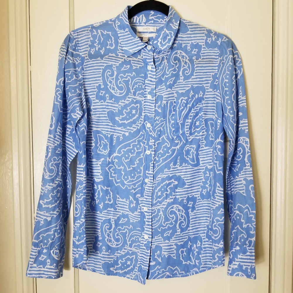 J CREW boy silk cotton blend blue white button down long sleeve top